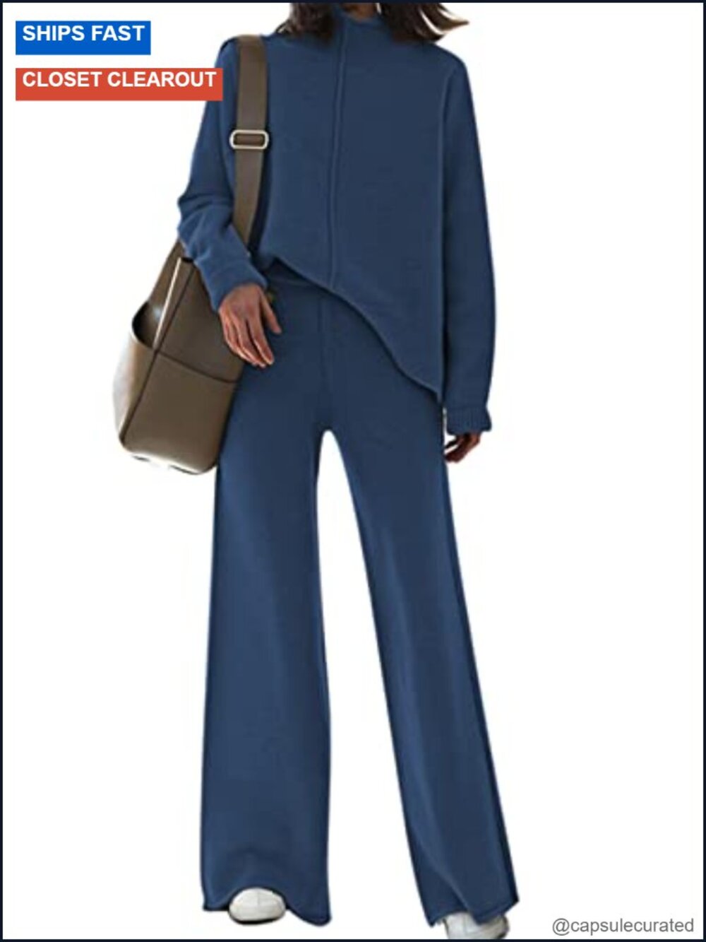 Womens 2 Piece Sweater Set Lounge Wear High Neck Turtleneck Wide Leg Pants Knit
